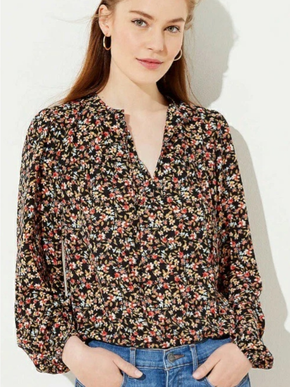 LOFT Black Floral Split-Neck Long-Sleeve Blouse